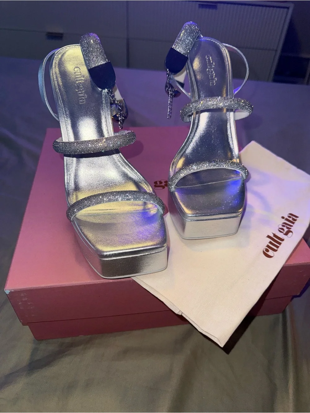 cult gaia Elodie Platform Sandals in Metallic Silver